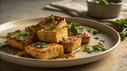 Fototapeta premium Golden Pan Seared Tofu Cubes Glazed With Savory Sauce