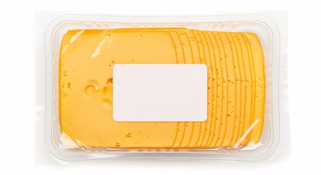 Sliced yellow cheese in plastic packaging with blank label