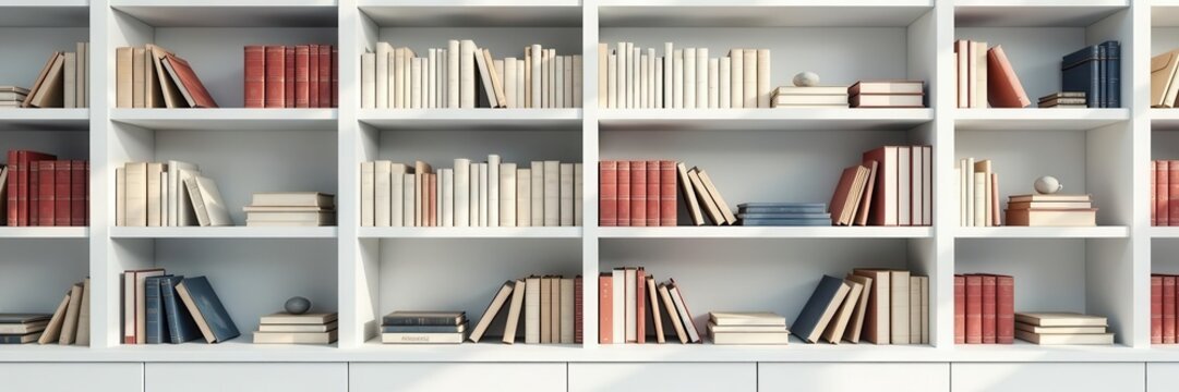 White minimalist bookshelf with neatly arranged books, style, bright