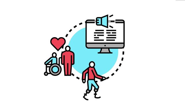 Assistive user concept visualizing people with disabilities, a caregiver, and digital accessibility features like a computer monitor and loudspeaker, highlighting support and inclusion