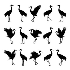 Naklejka premium Crane Bird Silhouette Vector Set, Elegant Heron Icons and Wild Animal Graphic Collection
