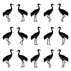 Naklejka premium Set of black crane bird silhouettes isolated on white background for graphic design
