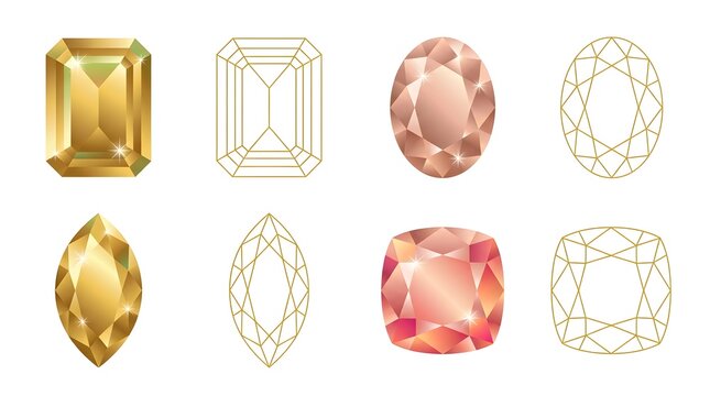 Set of gemstone cut diagrams and colored jewels on white base.
