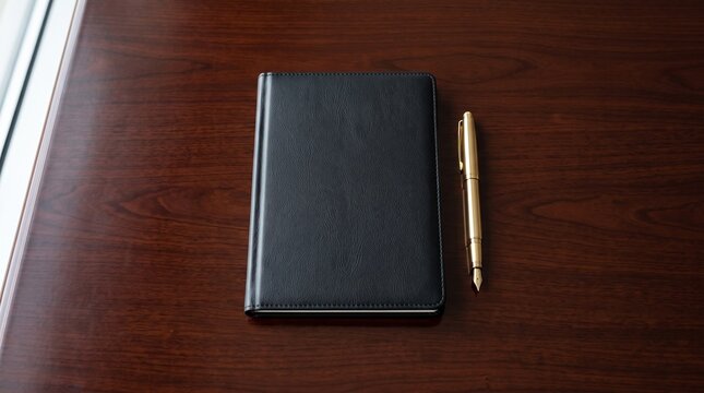 Blank black leather notebook and gold fountain pen on a mahogany desk