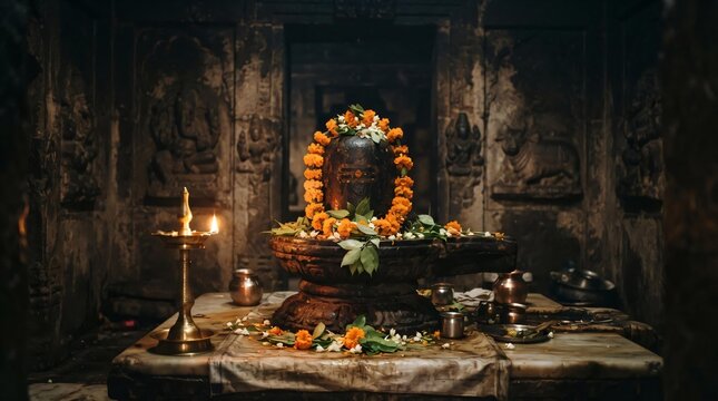 Sacred Shiva Lingam adorned with Bilva leaves and marigold flowers for Shravana Amavasya, illuminated by a flickering brass oil lamp in a dark temple.