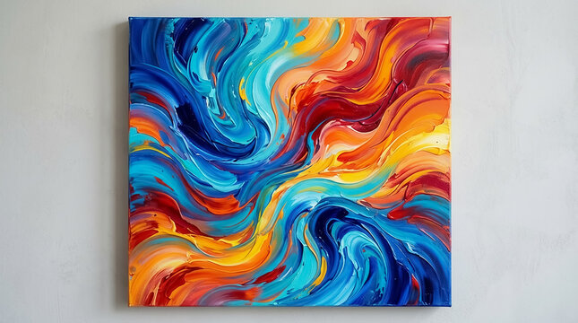 Vibrant abstract painting with swirling bright blue, red, orange, and yellow colors creating dynamic energy and artistic motion on canvas