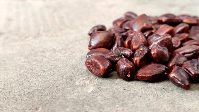 Closeup of fresh brown tamarind seeds piled.  Tamarind seeds are effective for relieving dry eyes, lowering cholesterol, aiding digestion, and serving as a natural wastewater purifier