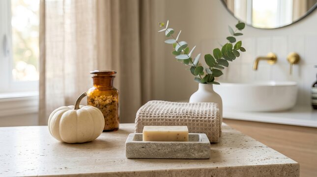 Small decorative pumpkin, woven basket, white ceramic soap dish, green potted plant on bathroom countertop