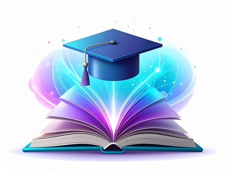  A sleek modern vector illustration of digital education concept, featuring open digital books transforming into glowing interactive holographic charts and graduation cap