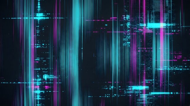Vibrant cyan pink digital glitch with vertical lines and static noise.