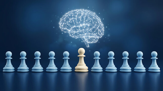 Strategic Leadership and Artificial Intelligence Concept with a Unique Gold Pawn and Digital Brain