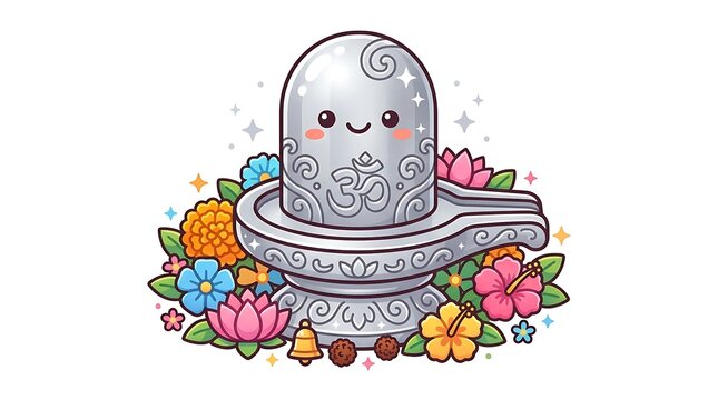 Cute Kawaii Shiva Lingam with Flowers and Om Symbol Illustration