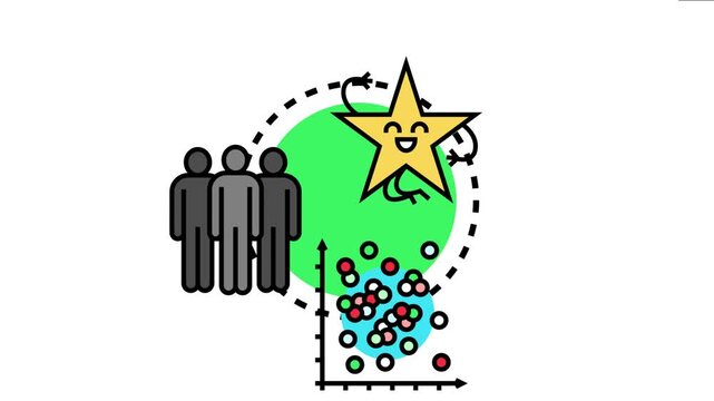 People interacting with a data visualization showing a star figure representing success, surrounded by a dotted line indicating a cycle of improvement and growth