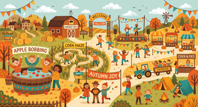 Vibrant illustration of a lively autumn harvest festival with people enjoying apple bobbing corn maze hayrides and live music