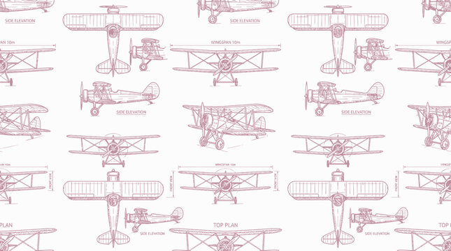 Vintage biplane technical sketch pattern showcasing side elevation drawings, flight blueprint details and classic propeller aircraft vectors, concept for aviation history themes and wallpaper design