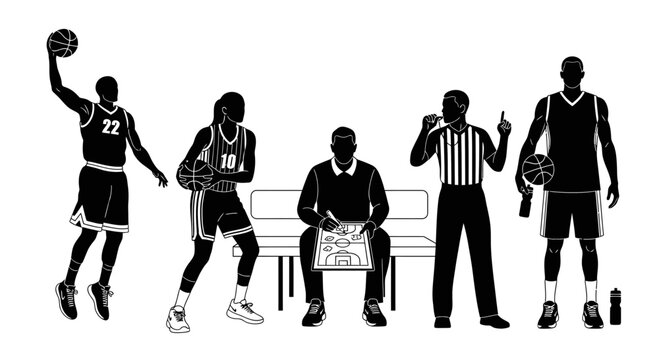 A black and white graphic illustration of five figures a basketball player a female player a coach a referee and a player