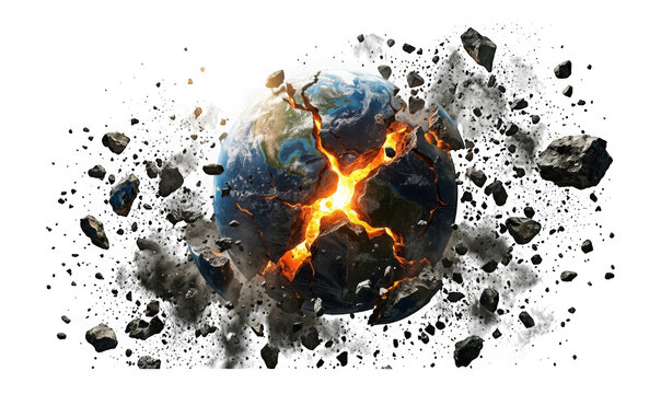 Exploding planet earth with glowing magma and flying debris isolated on transparent background