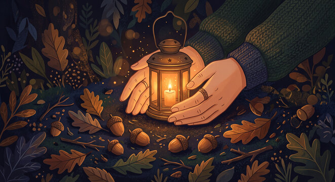 A pair of hands holding a glowing lantern with a lit candle surrounded by autumn leaves and acorns in a dark forest setting horizontal
