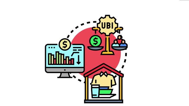 Universal basic income program guaranteeing a social security net, balancing money with people's needs, visualizing economic support for essential living expenses like housing, clothing, and food