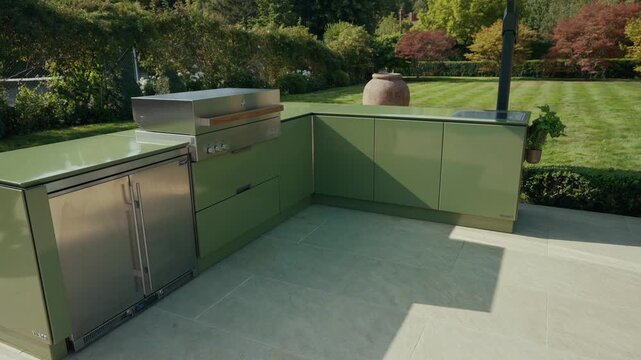 Modern green outdoor kitchen with stainless steel refrigerator and grill