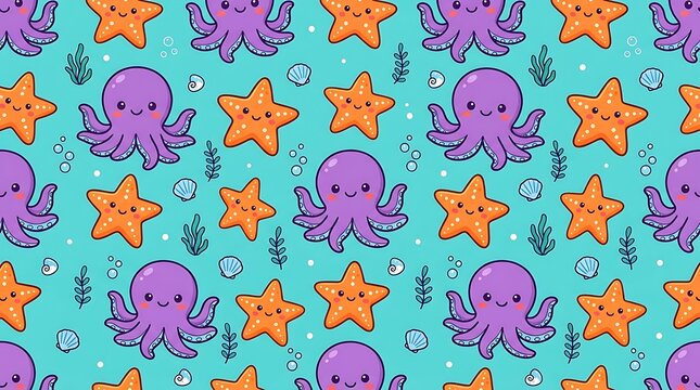 Cute octopus and starfish seamless pattern on turquoise background