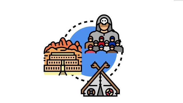 Assyrian christian community considering worship hall concepts. Featuring a spiritual leader overseeing a congregation. Historical architectural designs. And a traditional tent or tabernacle structure