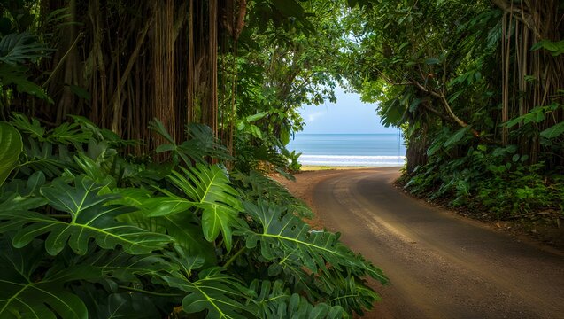 Dirt path through lush tropical jungle leading to sandy beach and calm blue ocean