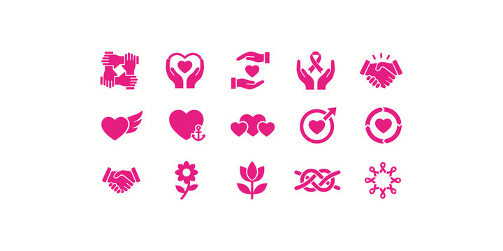Set of pink charity and love icons featuring hearts hands ribbons flowers and unity symbols for social awareness