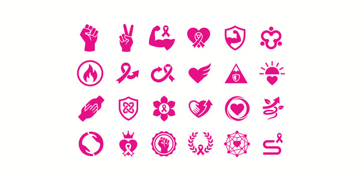 Set of pink breast cancer awareness icons featuring ribbons hearts shields and symbols of strength and hope