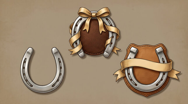 Vintage illustration set of horseshoe designs with ribbons and leather details, symbolizing luck and prosperity