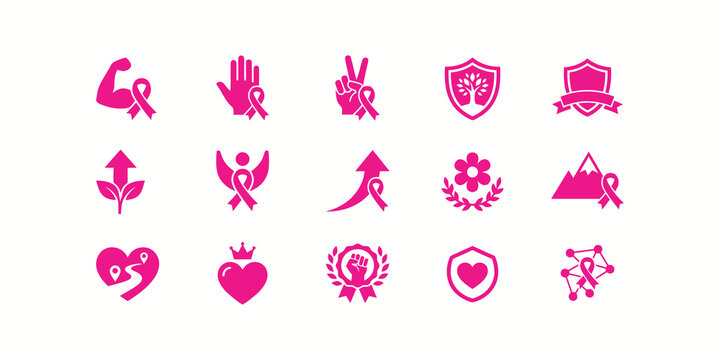 Set of pink ribbon icons for breast cancer awareness month featuring various symbols of strength hope and support