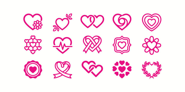 Set of various pink heart icons and symbols for valentines day design elements and romantic greeting cards