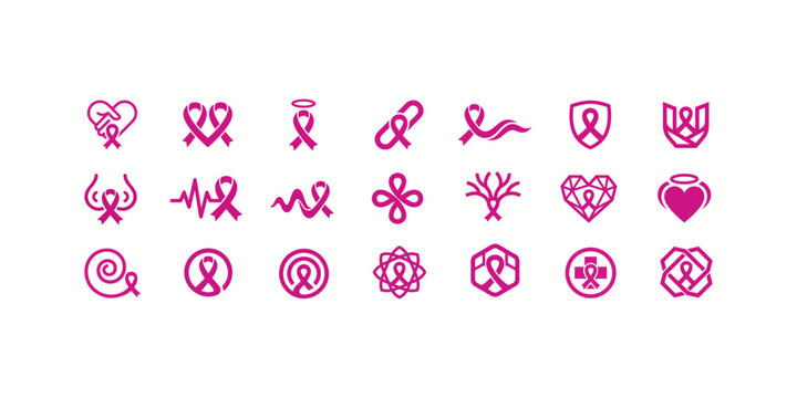 Collection of pink ribbon icons representing breast cancer awareness and support in various creative minimalist graphic styles