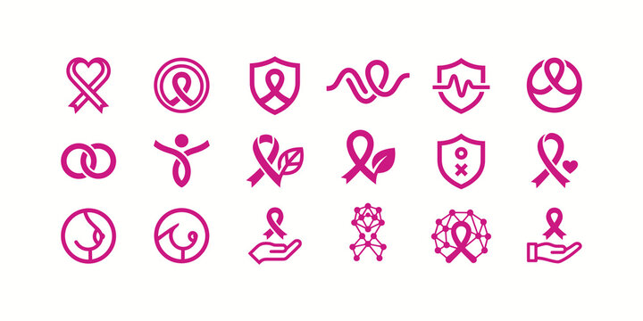 Collection of pink ribbon icons representing breast cancer awareness and support for health and medical research campaigns