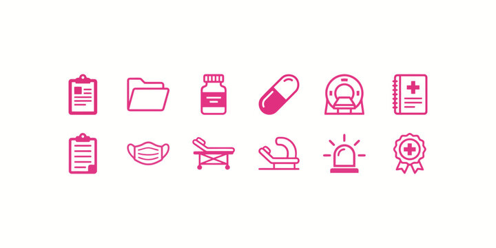 Set of twelve simple pink medical and healthcare line icons on a clean white background for web design