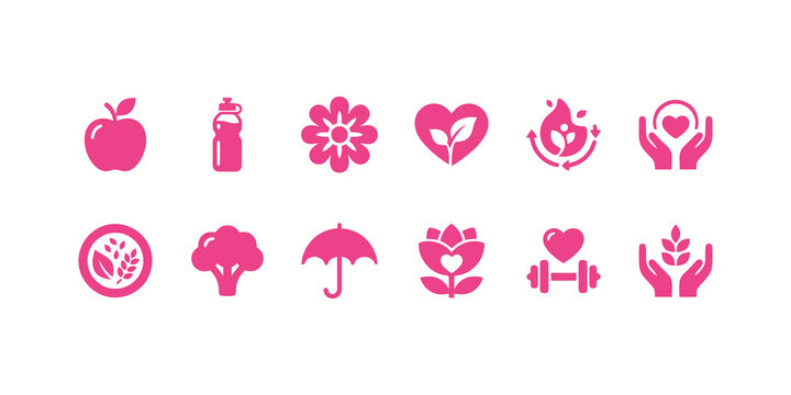 Set of pink flat icons representing healthy lifestyle wellness nutrition fitness nature and environmental protection concepts