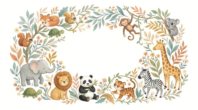 Cute wild animals frame with tropical plants and leaves for kids
