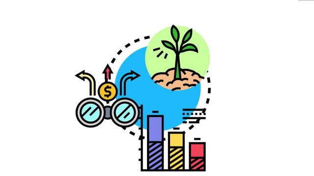 Combining binoculars, trending arrows, bar charts, and a growing plant, the image illustrates a strategic approach to observing and analyzing financial trends for future investment growth