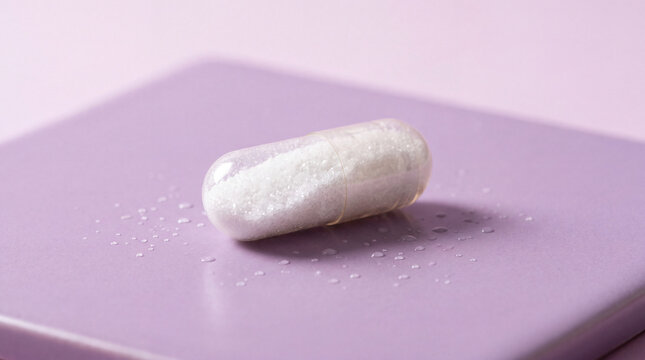 feminine health products, a close-up of a gelatin capsule filled with white boric acid powder on lavender