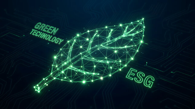 Abstract concept of green technology and ESG with glowing leaf formed by digital network nodes