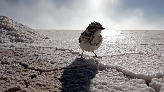 Tiny bird foraging on cracked salt flats with sun glinting on horizon, desolate landscape