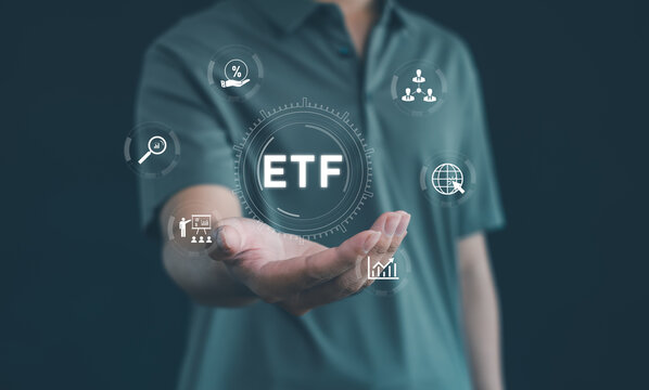ETF investment concept with business professional presenting a digital finance interface, highlighting exchange traded funds, portfolio management, market analysis, and investment strategy.