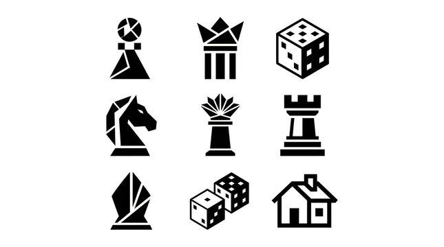 Minimalist black chess icons set, geometric board game symbols, 9 flat vector gaming elements for strategy and leisure design