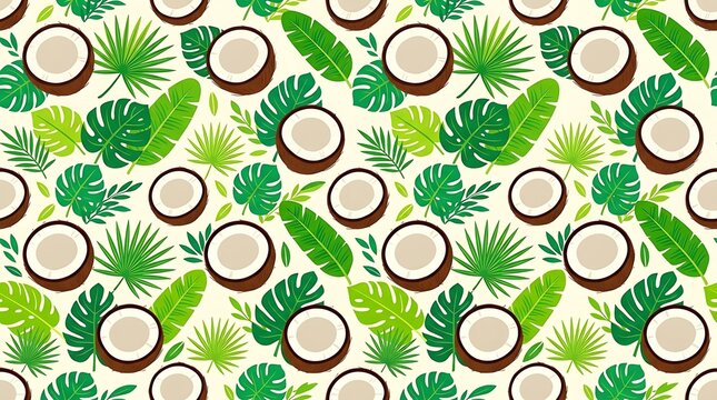 Tropical leaf and coconut halves seamless pattern background