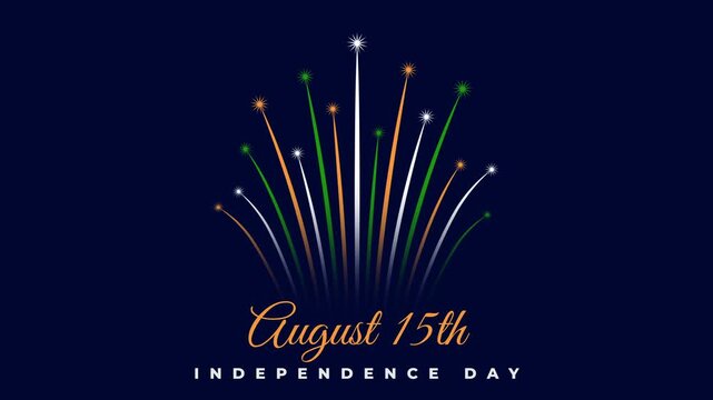 15th of august, india independence day. Indian colorful fireworks flag on night sky. India national holiday august 15. Independence day. Banner, greeting card, invitation. 2D animation, seamless loop