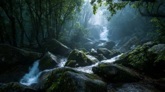 Serene forest stream with sunlit canopy. Artificial intelligence image