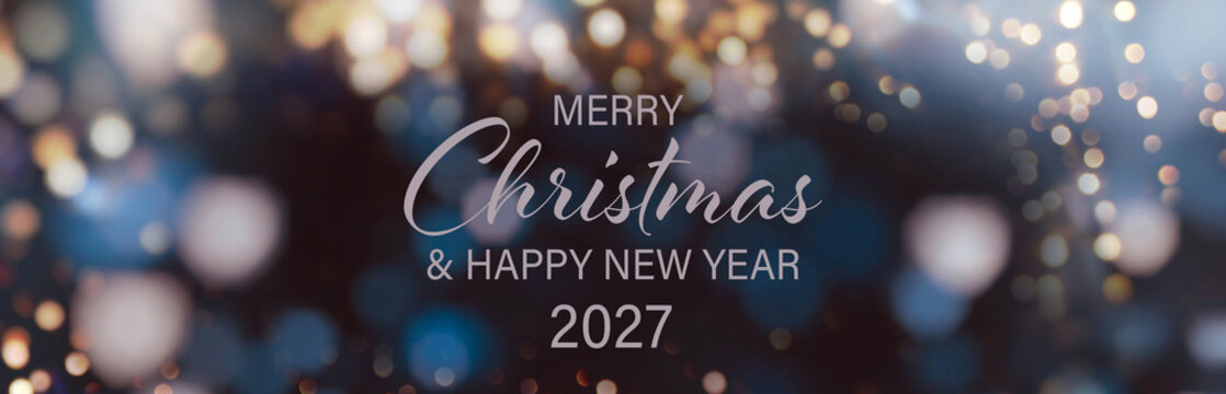 Christmas Card - Merry Christmas and Happy New Year 2027 - beautiful background banner with festive bokeh lights - panorama, header, xmas greetings

