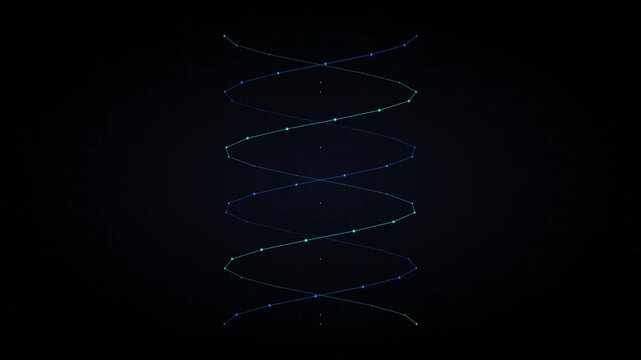 A glowing blue and green double helix structure, resembling DNA or a data strand, rotating against a dark, minimalist background, symbolizing science and technology.