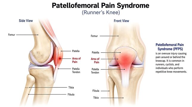 Medical diagram of patellofemoral pain syndrome with labeled knee anatomy