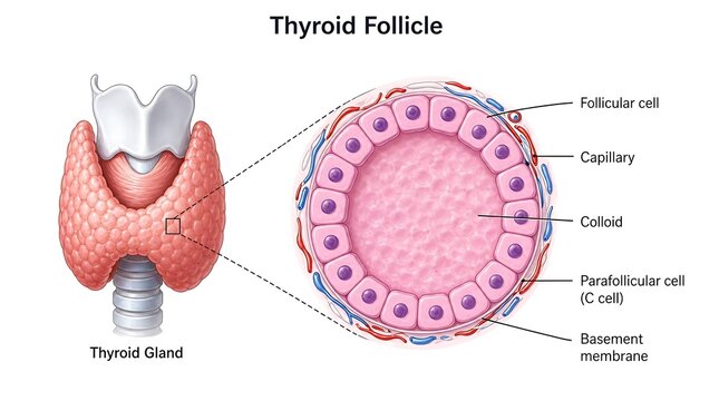 Microscopic view of thyroid follicle anatomy with labeled cellular structures